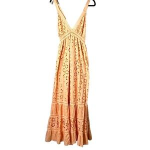 Maxi Sun Dress Sz L Peach Eyelet Crochet Baby Doll Tiers Ruffle Lined Boho Fairy